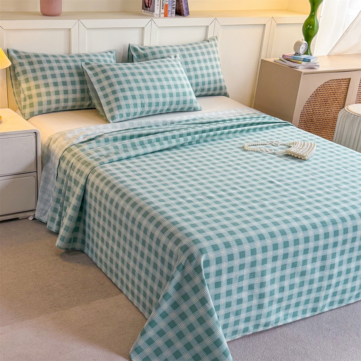 91家纺网 家纺一手货源 找家纺 晨晨家纺 2026新款原棉老粗布床单席子凉席三件套 棋盘绿