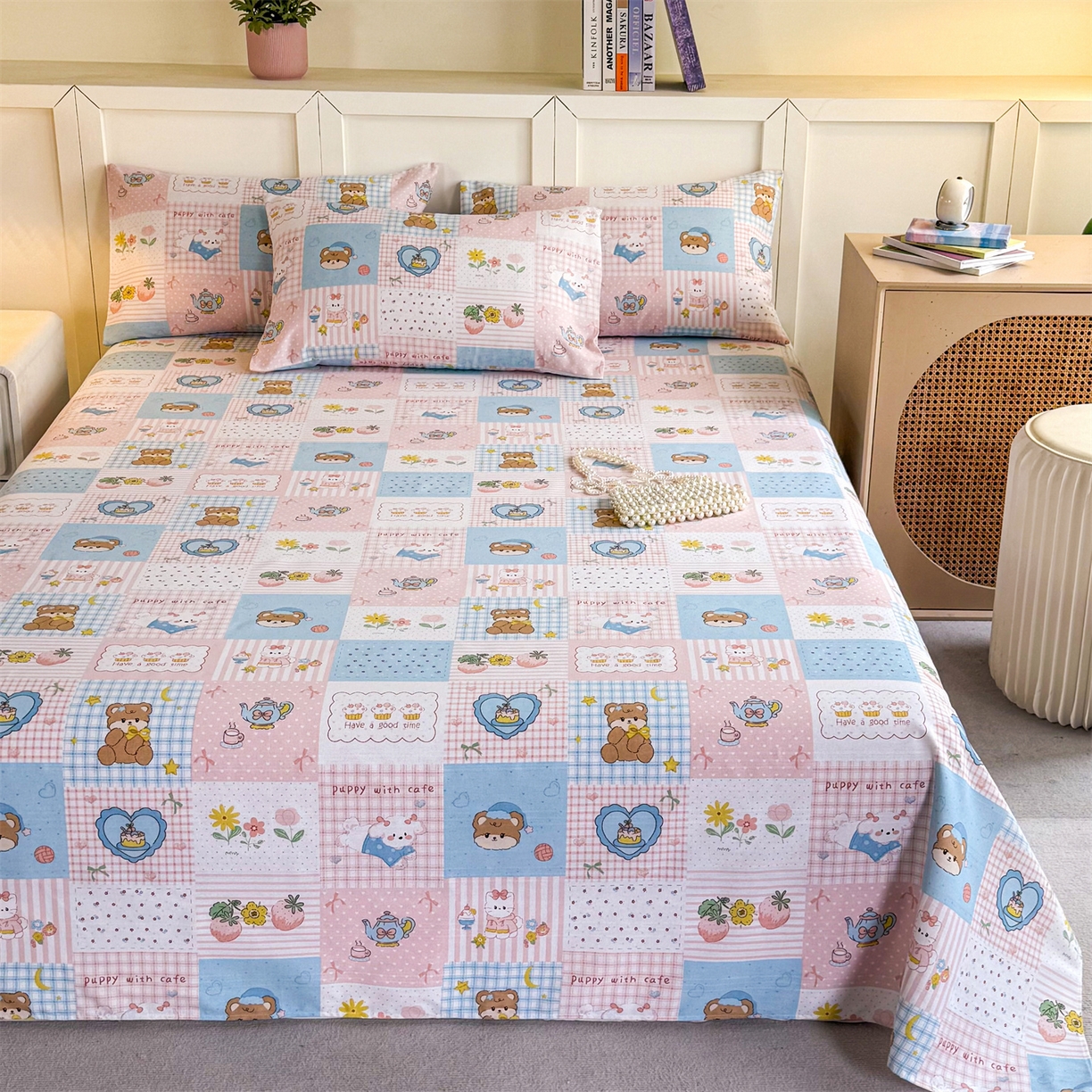 91家纺网 家纺一手货源 找家纺 晨晨家纺 2026新款原棉老粗布床单席子凉席三件套 童话世界