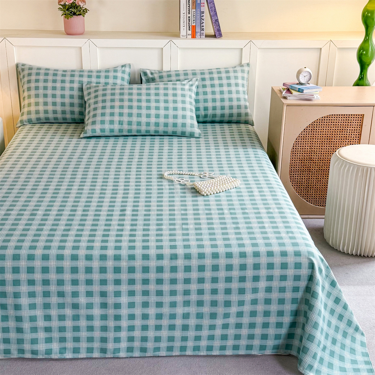 91家纺网 家纺一手货源 找家纺 晨晨家纺 2026新款原棉老粗布床单席子凉席三件套 棋盘绿