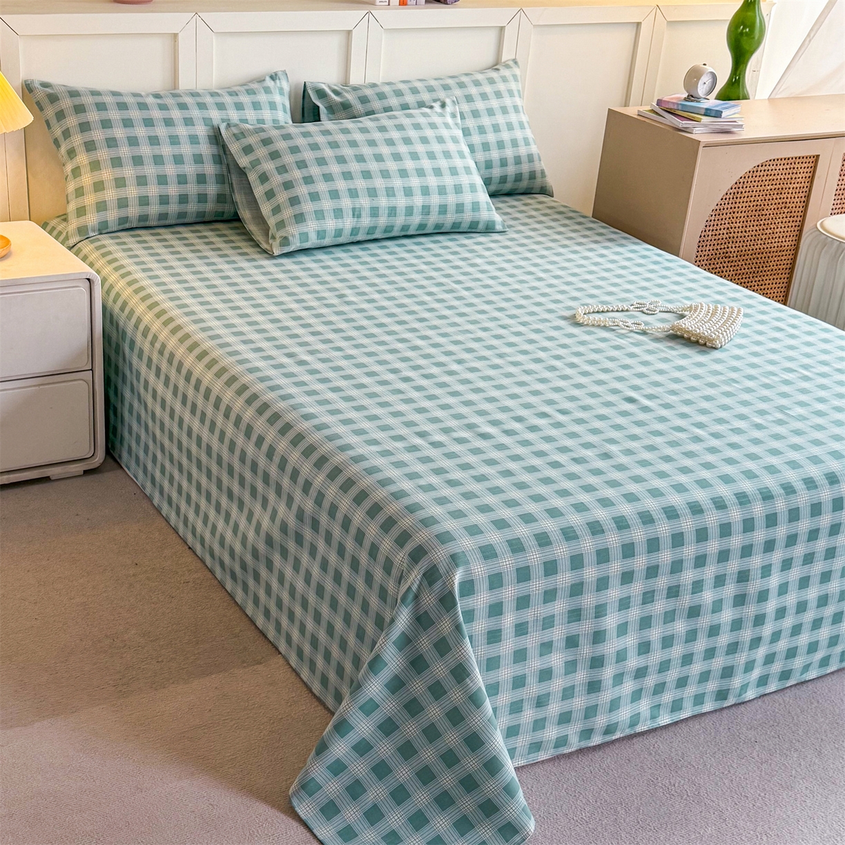 91家纺网 家纺一手货源 找家纺 晨晨家纺 2026新款原棉老粗布床单席子凉席三件套 棋盘绿