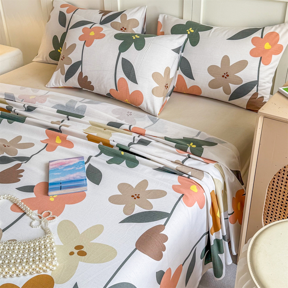 91家纺网 家纺一手货源 找家纺 晨晨家纺 2026新款原棉老粗布床单席子凉席三件套 水墨