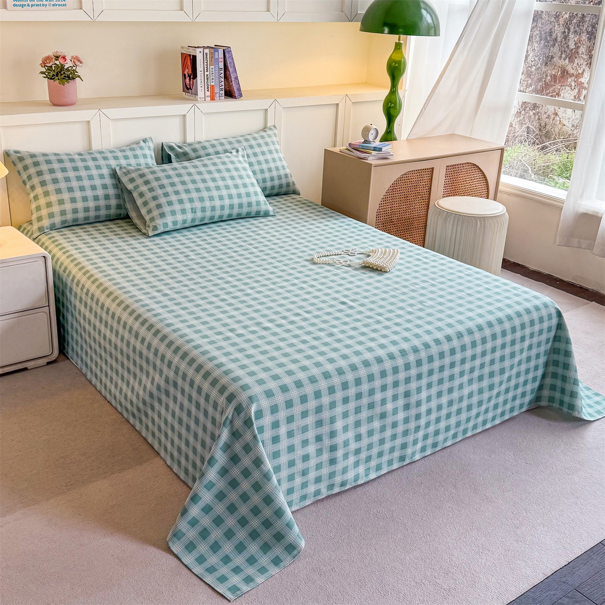 91家纺网 家纺一手货源 找家纺 晨晨家纺 2026新款原棉老粗布床单席子凉席三件套 棋盘绿