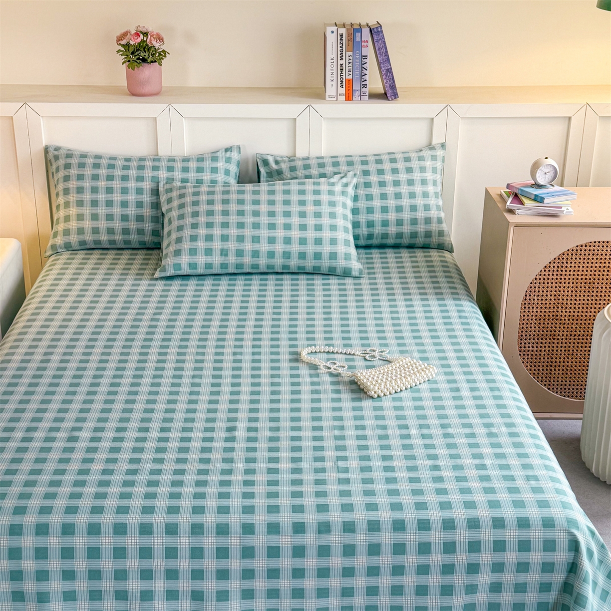 91家纺网 家纺一手货源 找家纺 晨晨家纺 2026新款原棉老粗布床单席子凉席三件套 棋盘绿