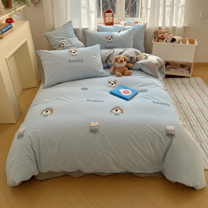 91家纺网 家纺一手货源 找家纺 慕尚家纺 2026春夏新款色织水洗棉毛巾绣四件套 泰迪狗 蓝