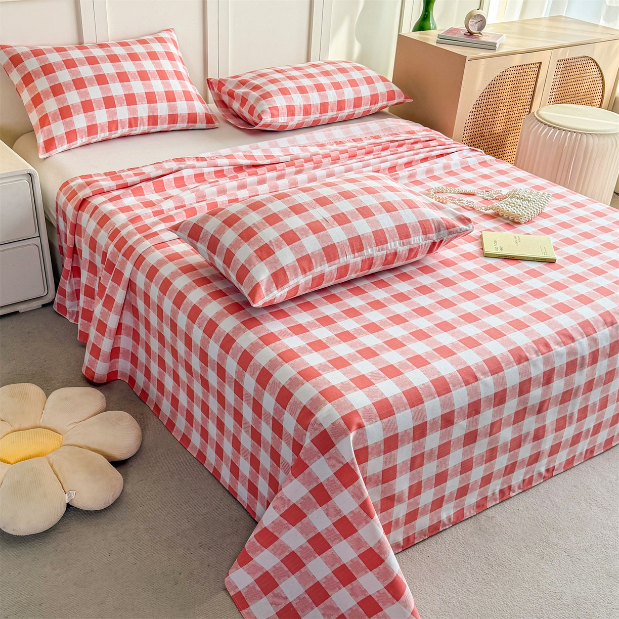 91家纺网 家纺一手货源 找家纺 晨晨家纺 2026新款原棉老粗布床单席子凉席三件套 千鸟粉