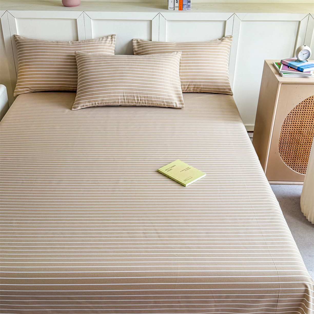 91家纺网 家纺一手货源 找家纺 晨晨家纺 2026新款原棉老粗布床单席子凉席三件套 淡雅咖