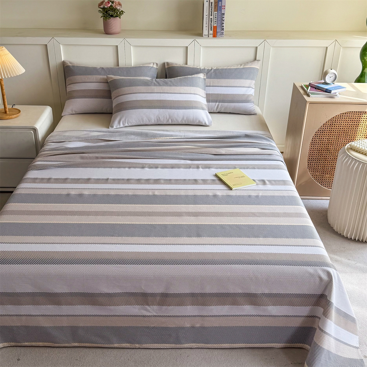 91家纺网 家纺一手货源 找家纺 晨晨家纺 2026新款原棉老粗布床单席子凉席三件套 夕阳咖