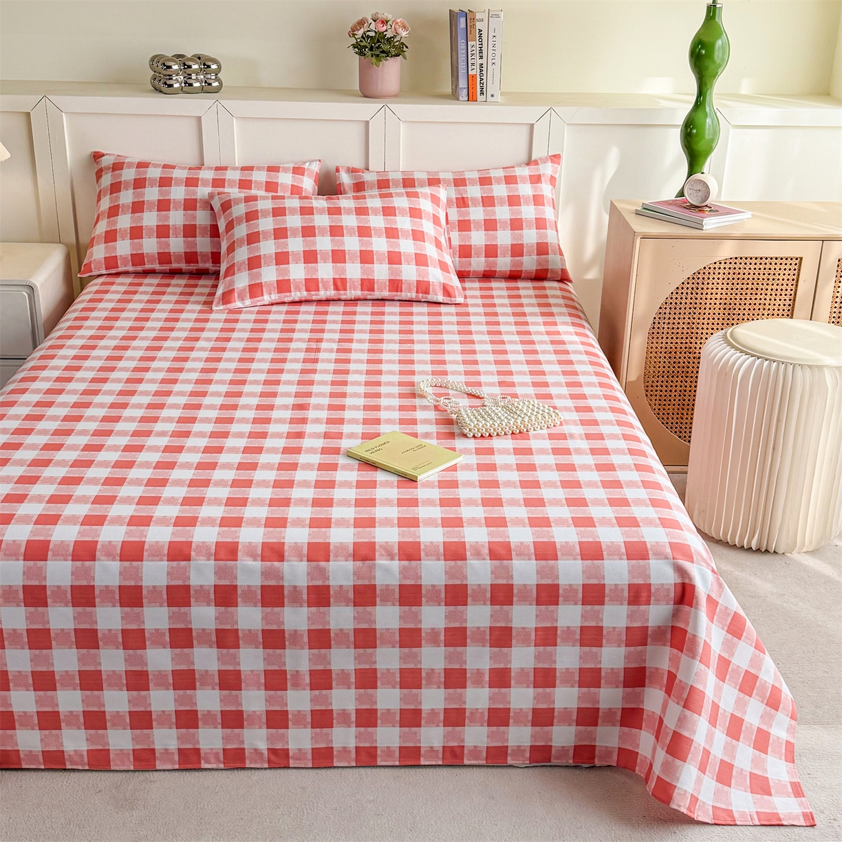 91家纺网 家纺一手货源 找家纺 晨晨家纺 2026新款原棉老粗布床单席子凉席三件套 千鸟粉