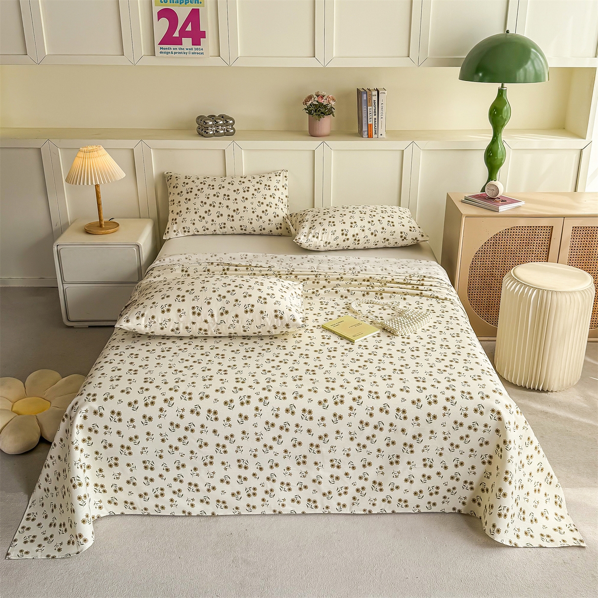 91家纺网 家纺一手货源 找家纺 晨晨家纺 2026新款原棉老粗布床单席子凉席三件套 小雏菊