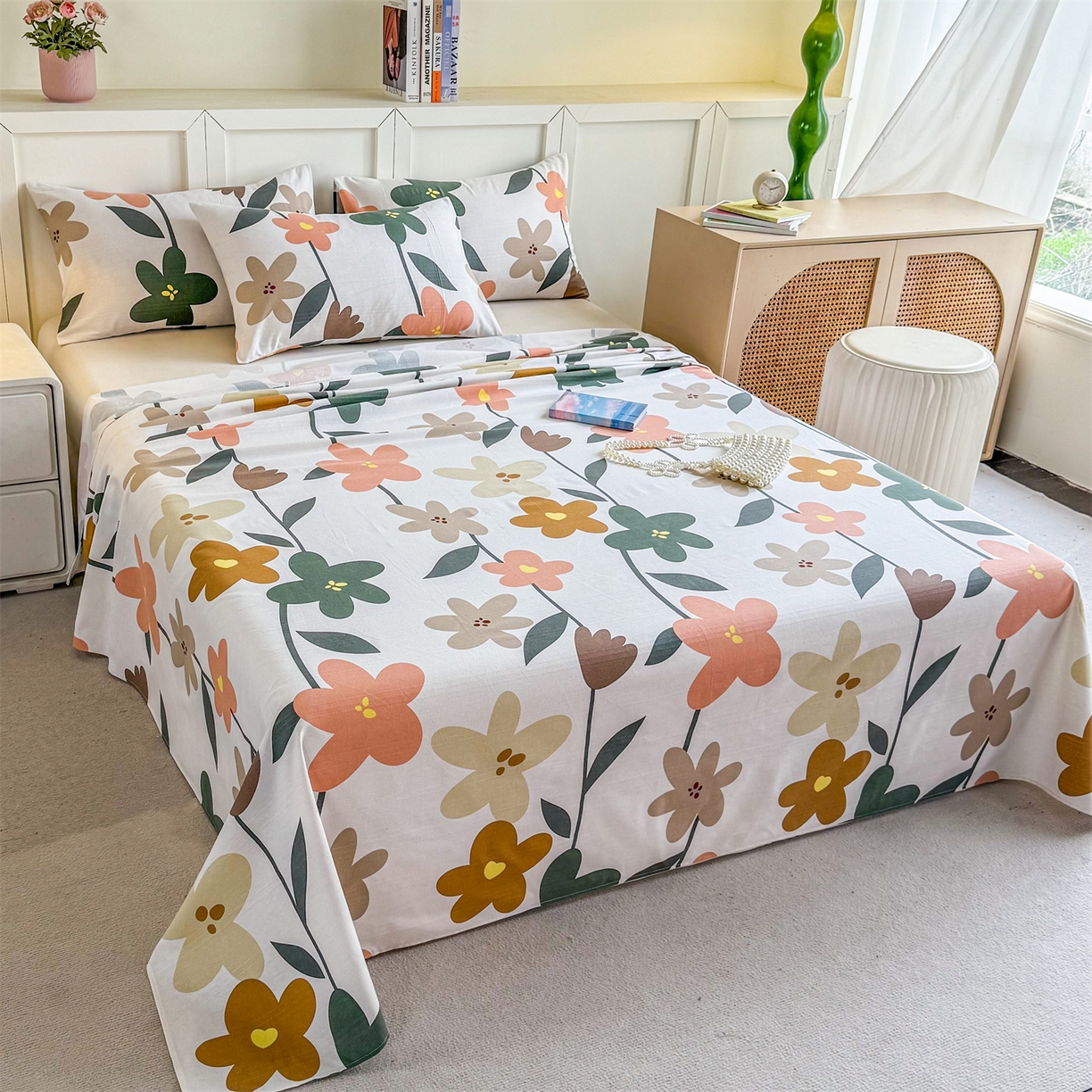 91家纺网 家纺一手货源 找家纺 晨晨家纺 2026新款原棉老粗布床单席子凉席三件套 水墨