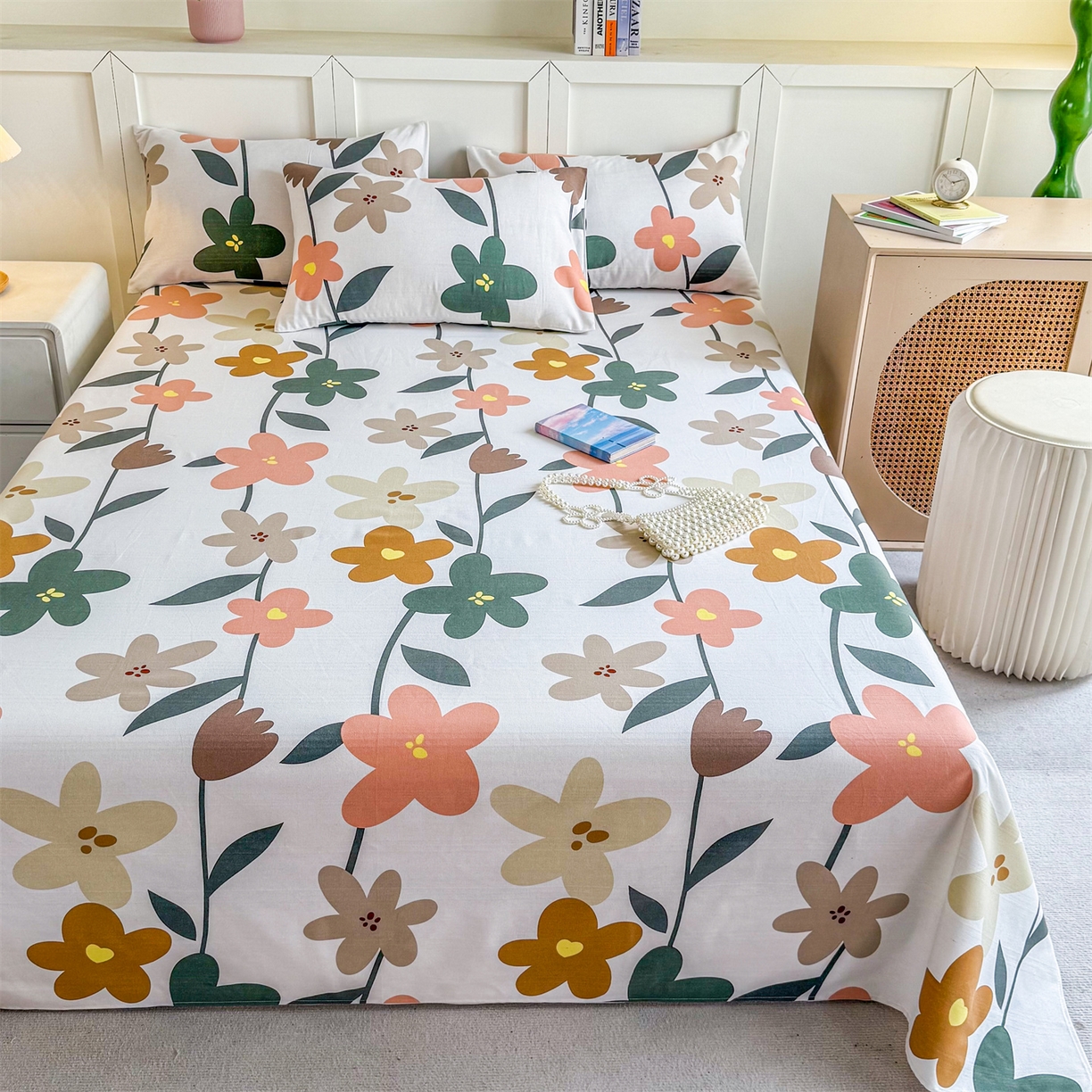 91家纺网 家纺一手货源 找家纺 晨晨家纺 2026新款原棉老粗布床单席子凉席三件套 水墨