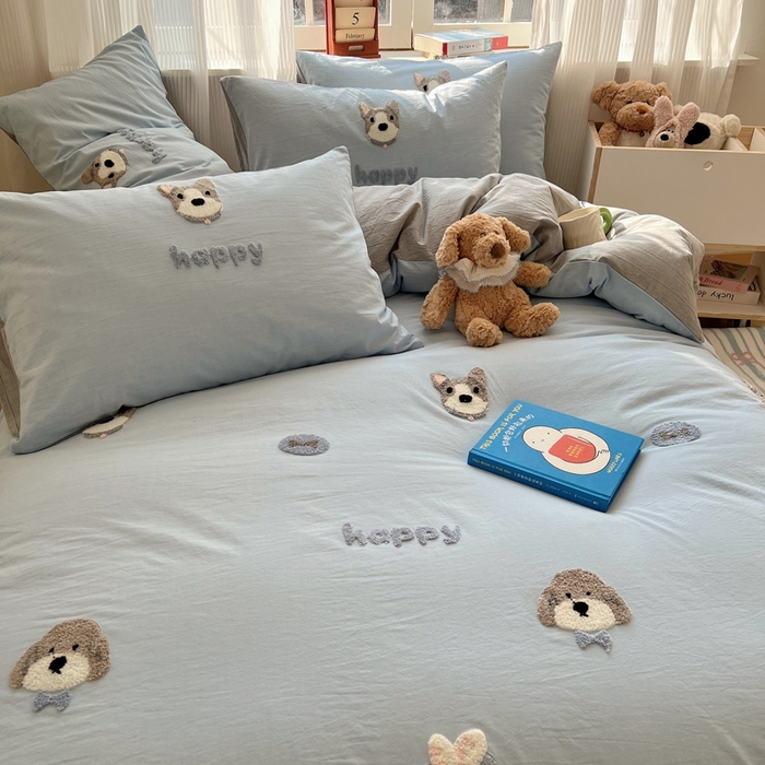 91家纺网 家纺一手货源 找家纺 慕尚家纺 2026春夏新款色织水洗棉毛巾绣四件套 泰迪狗 蓝