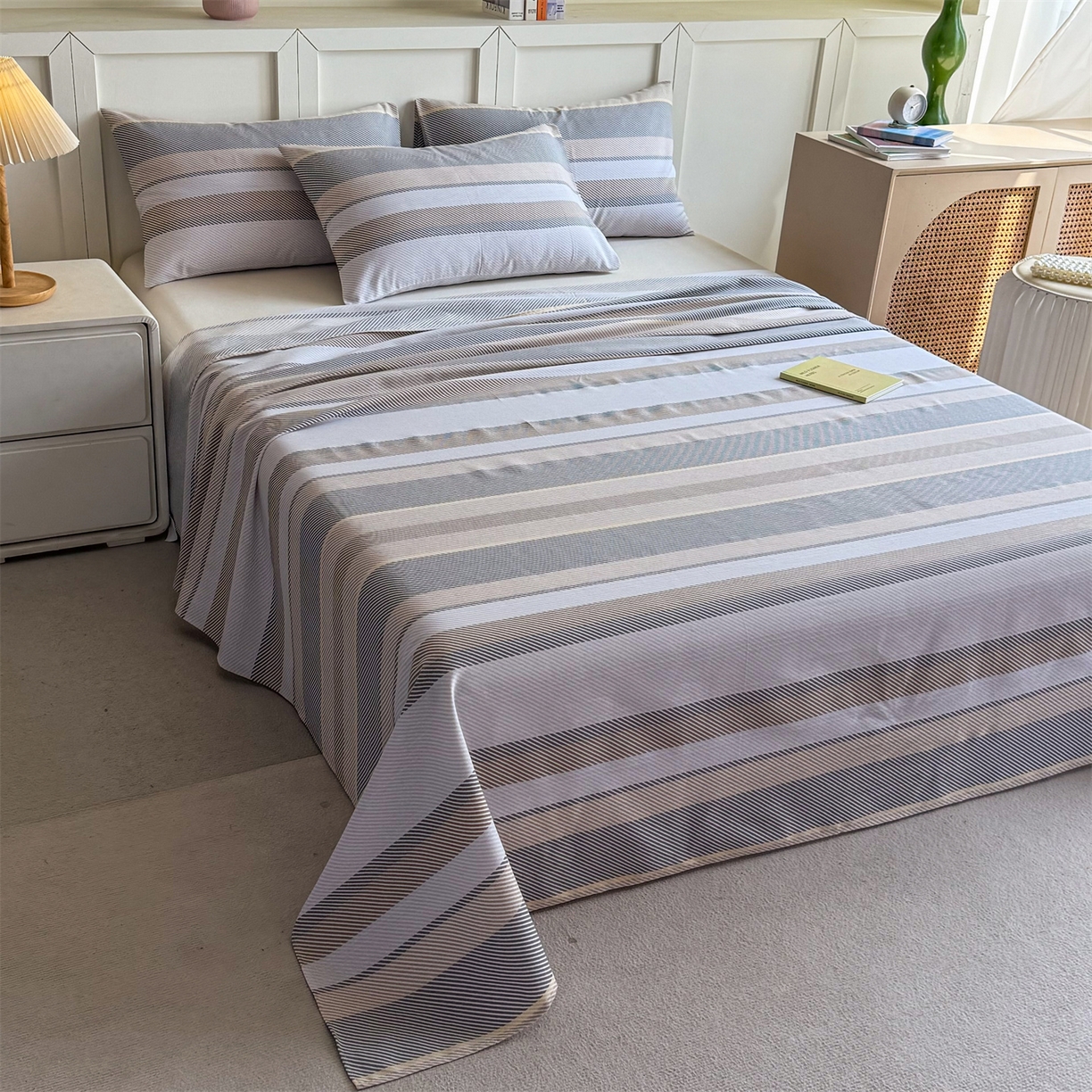 91家纺网 家纺一手货源 找家纺 晨晨家纺 2026新款原棉老粗布床单席子凉席三件套 夕阳咖