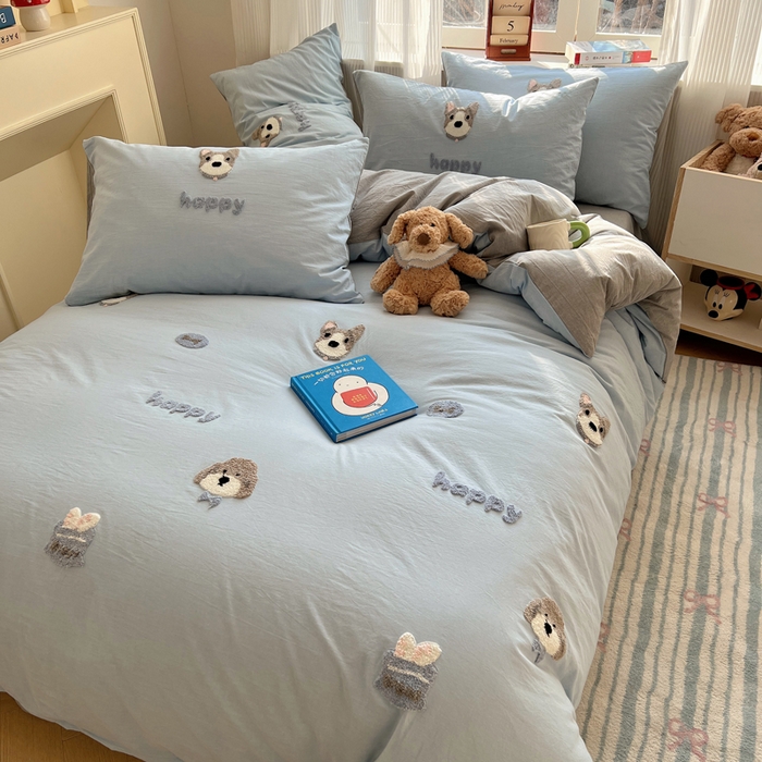 91家纺网 家纺一手货源 找家纺 慕尚家纺 2026春夏新款色织水洗棉毛巾绣四件套 泰迪狗 蓝