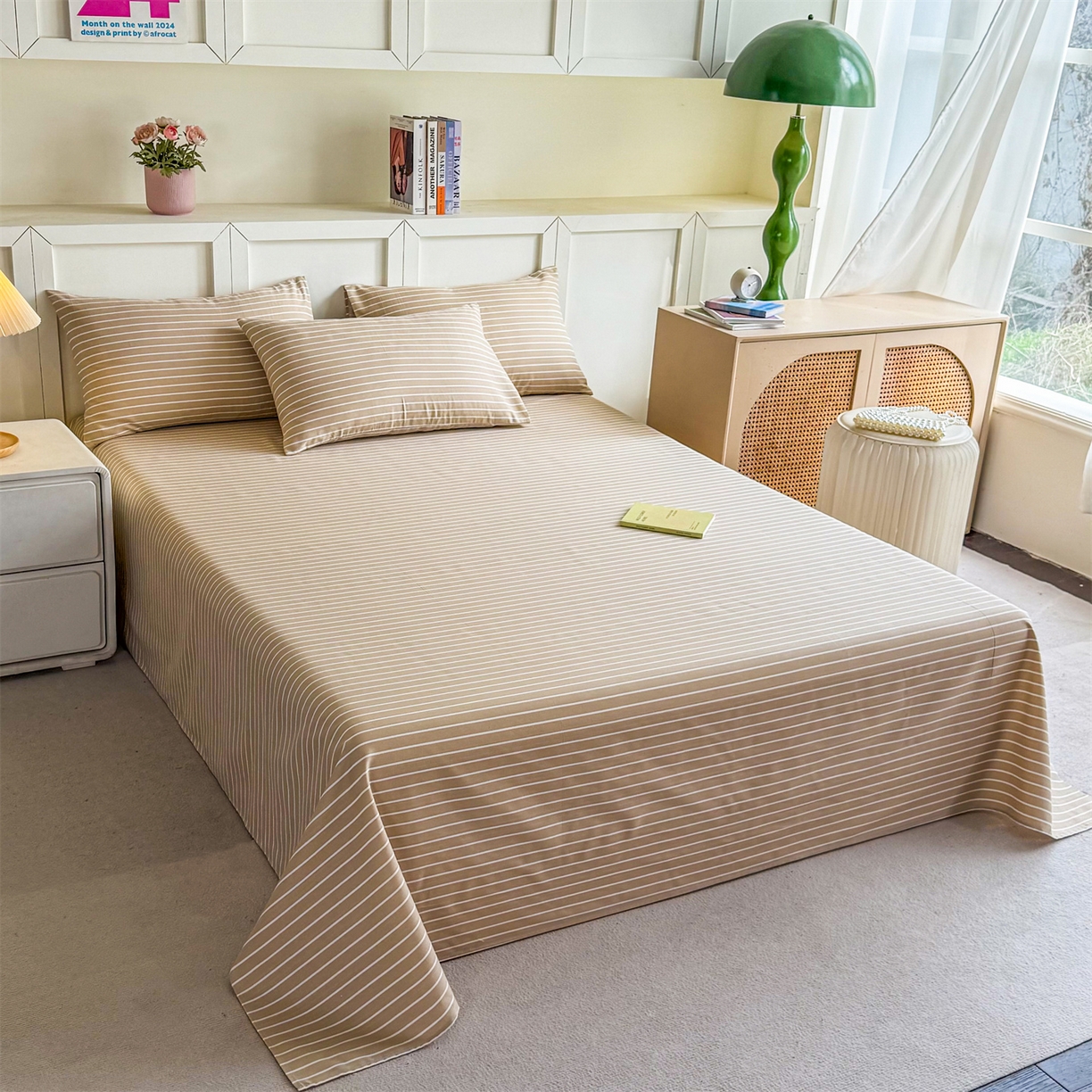 91家纺网 家纺一手货源 找家纺 晨晨家纺 2026新款原棉老粗布床单席子凉席三件套 淡雅咖