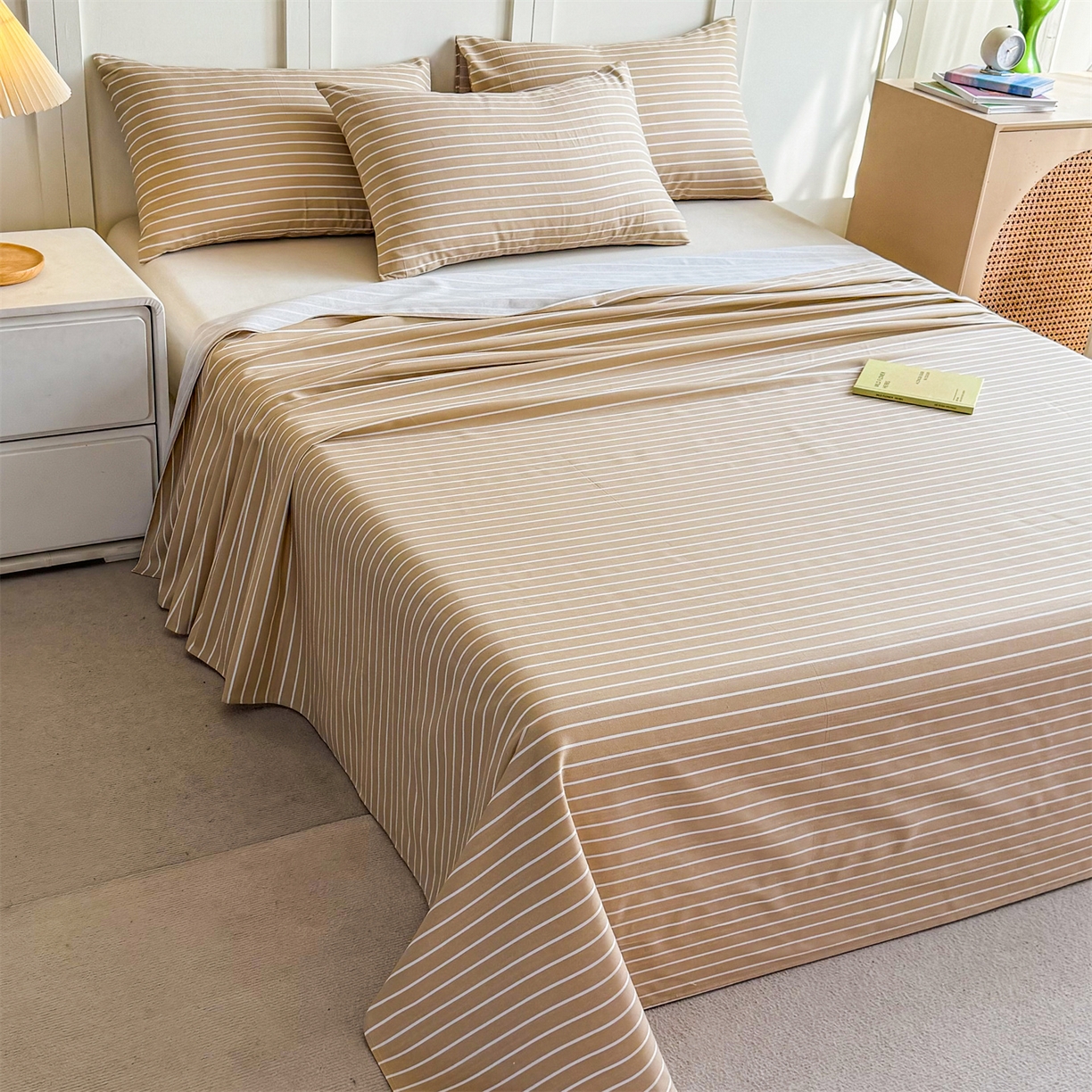 91家纺网 家纺一手货源 找家纺 晨晨家纺 2026新款原棉老粗布床单席子凉席三件套 淡雅咖