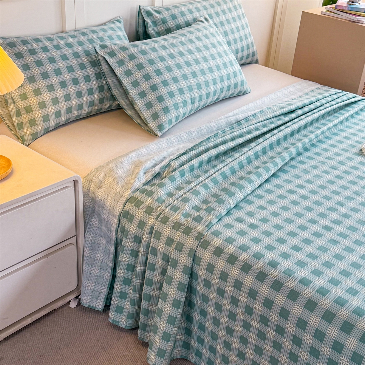 91家纺网 家纺一手货源 找家纺 晨晨家纺 2026新款原棉老粗布床单席子凉席三件套 棋盘绿