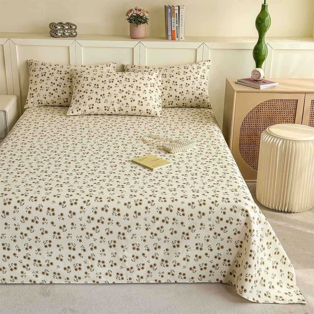 91家纺网 家纺一手货源 找家纺 晨晨家纺 2026新款原棉老粗布床单席子凉席三件套 小雏菊