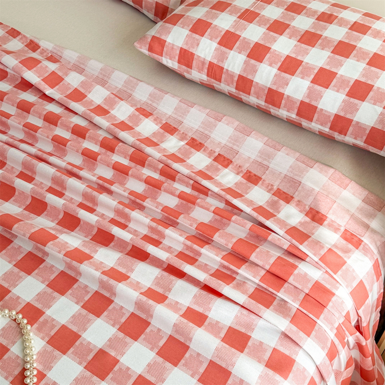 91家纺网 家纺一手货源 找家纺 晨晨家纺 2026新款原棉老粗布床单席子凉席三件套 千鸟粉