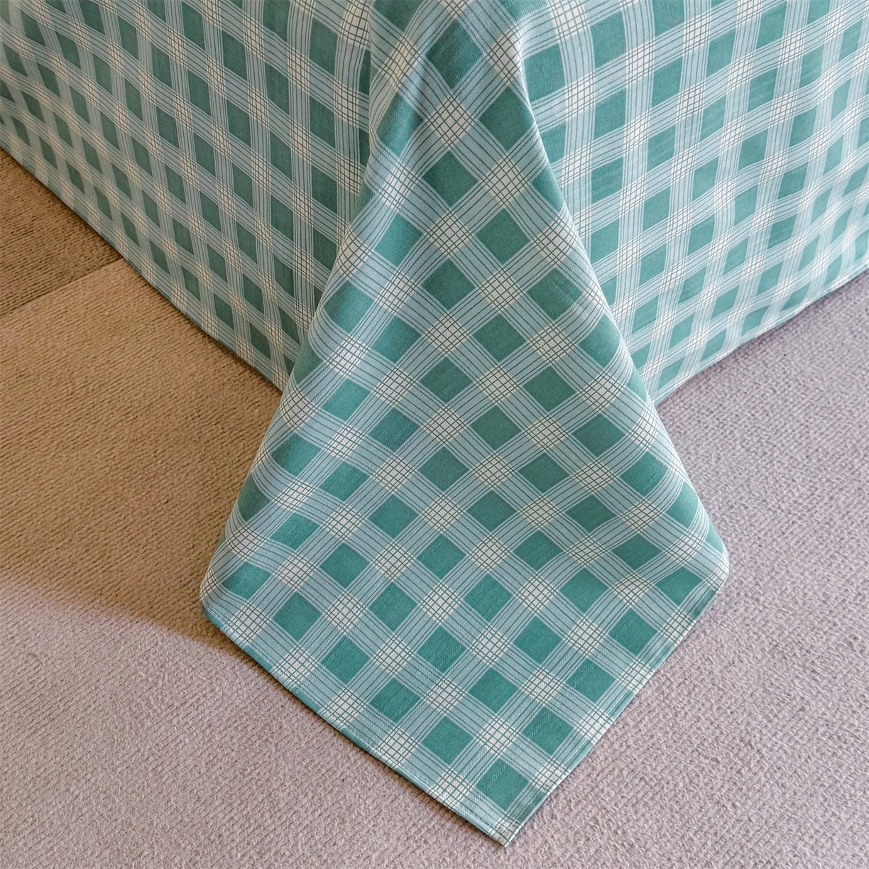 91家纺网 家纺一手货源 找家纺 晨晨家纺 2026新款原棉老粗布床单席子凉席三件套 棋盘绿