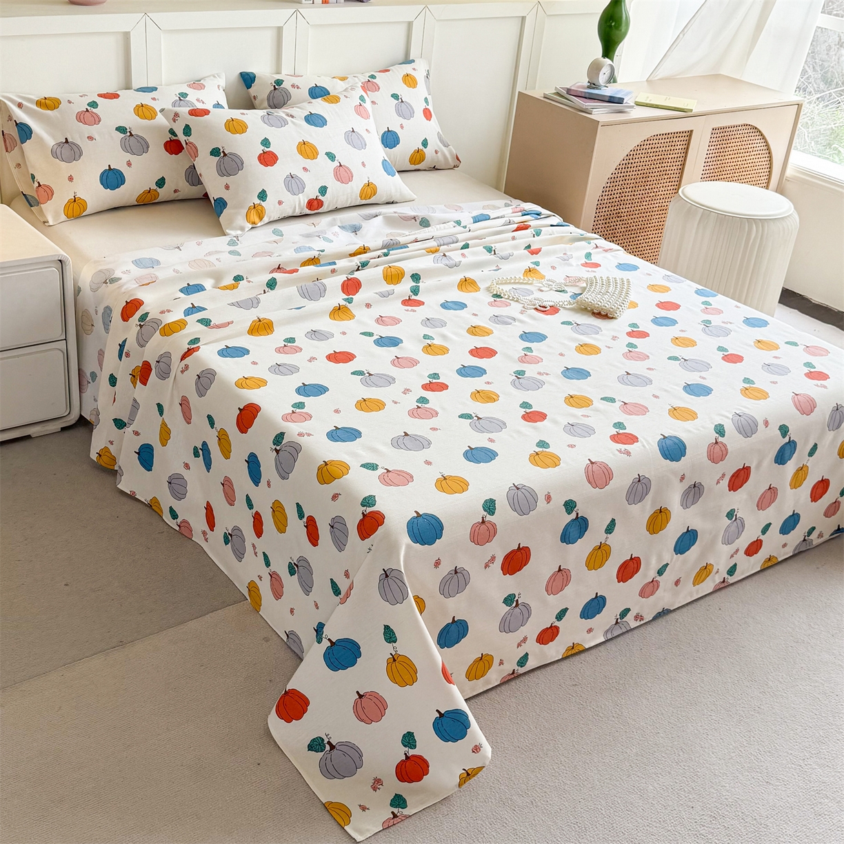 91家纺网 家纺一手货源 找家纺 晨晨家纺 2026新款原棉老粗布床单席子凉席三件套 七彩果