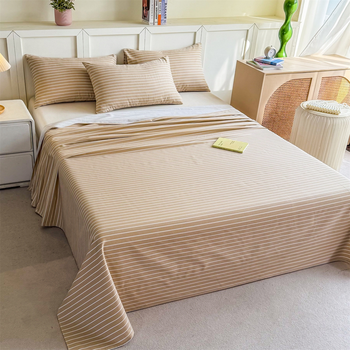 91家纺网 家纺一手货源 找家纺 晨晨家纺 2026新款原棉老粗布床单席子凉席三件套 淡雅咖