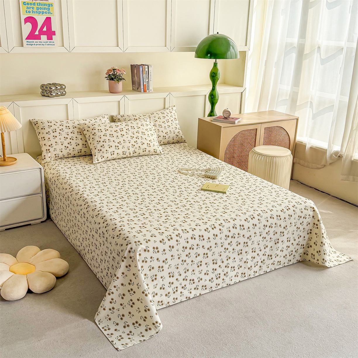 91家纺网 家纺一手货源 找家纺 晨晨家纺 2026新款原棉老粗布床单席子凉席三件套 小雏菊