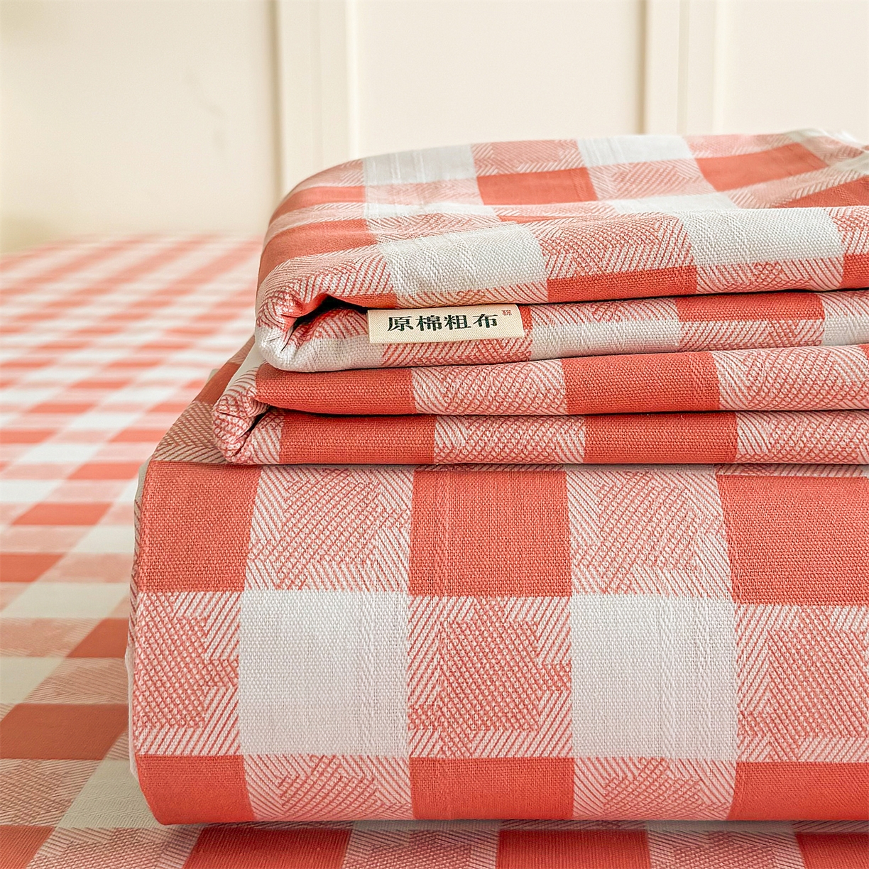 91家纺网 家纺一手货源 找家纺 晨晨家纺 2026新款原棉老粗布床单席子凉席三件套 千鸟粉