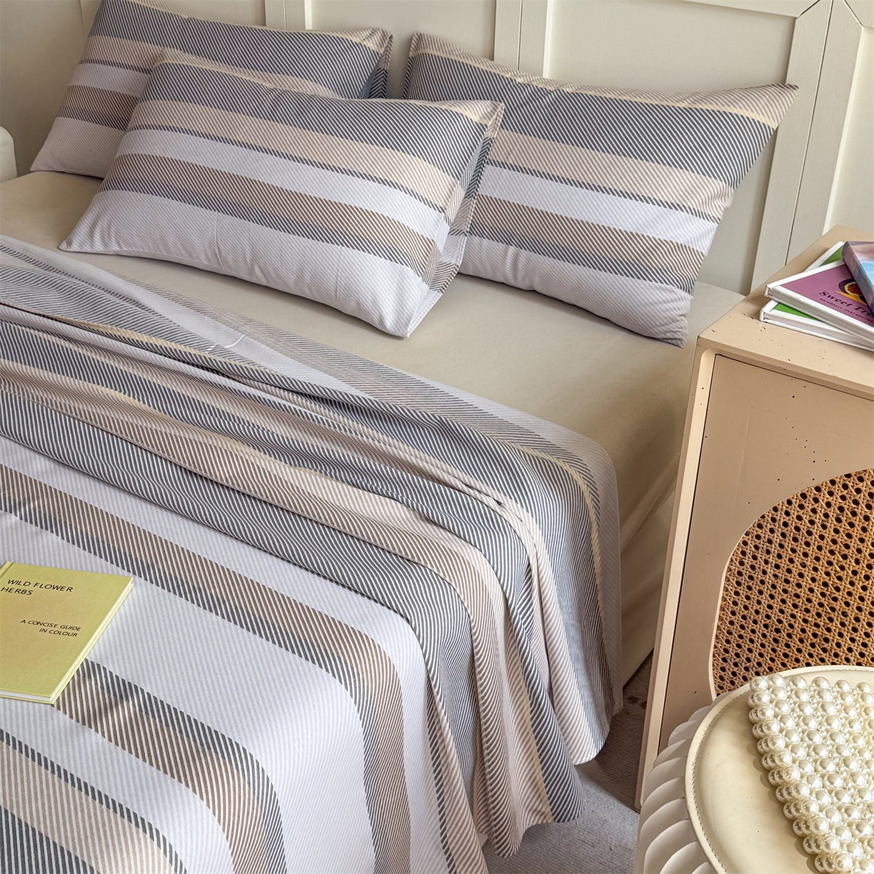 91家纺网 家纺一手货源 找家纺 晨晨家纺 2026新款原棉老粗布床单席子凉席三件套 夕阳咖