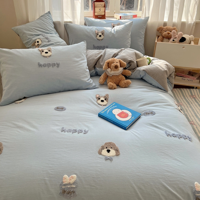 91家纺网 家纺一手货源 找家纺 慕尚家纺 2026春夏新款色织水洗棉毛巾绣四件套 泰迪狗 蓝