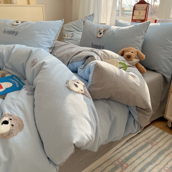 91家纺网 家纺一手货源 找家纺 慕尚家纺 2026春夏新款色织水洗棉毛巾绣四件套 泰迪狗 蓝