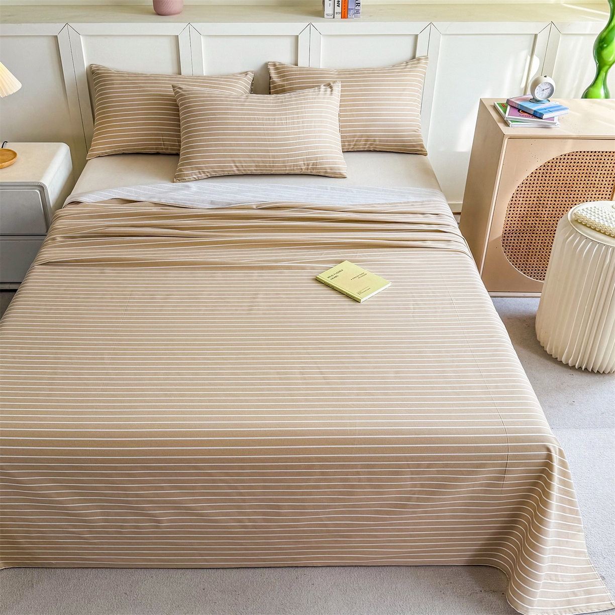 91家纺网 家纺一手货源 找家纺 晨晨家纺 2026新款原棉老粗布床单席子凉席三件套 淡雅咖