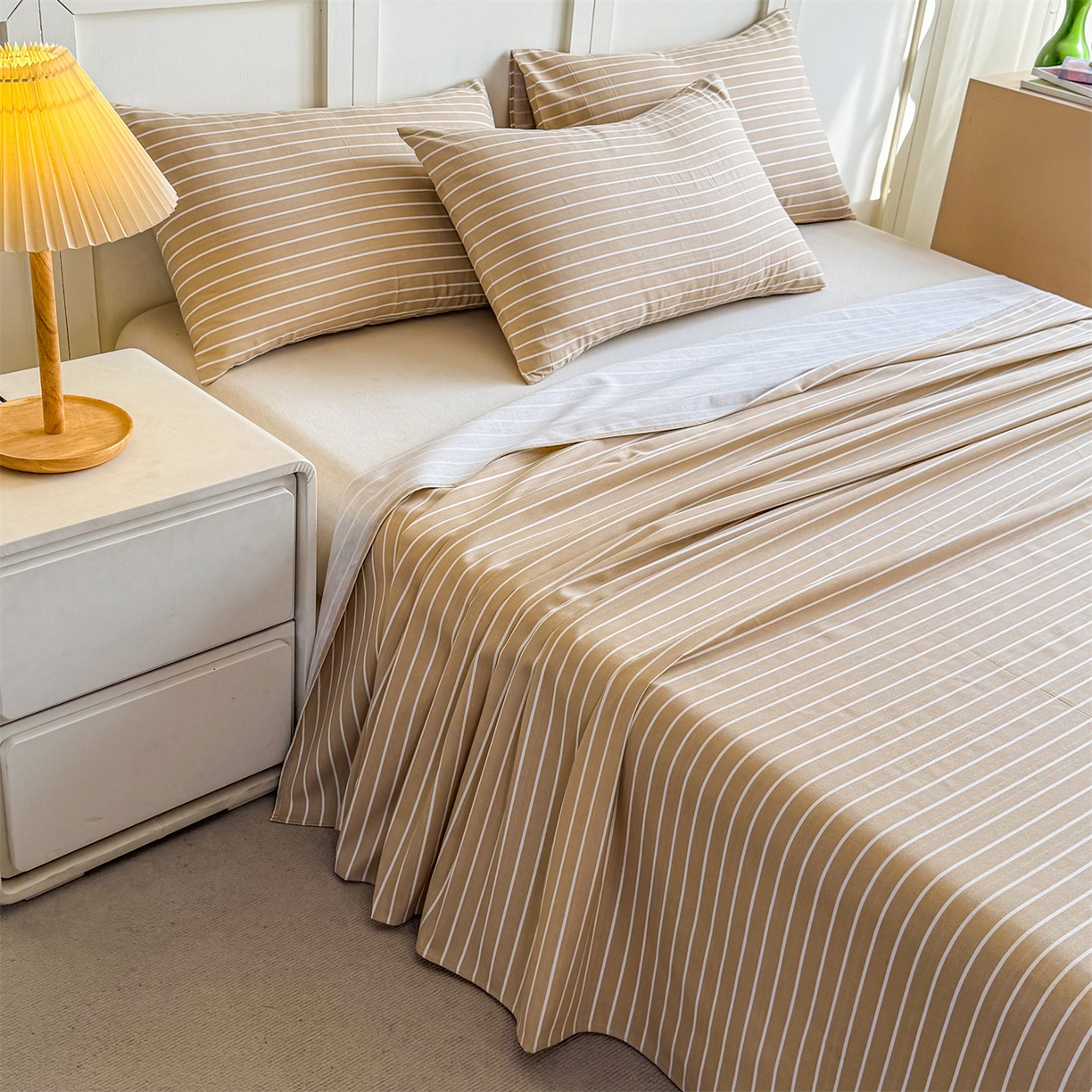 91家纺网 家纺一手货源 找家纺 晨晨家纺 2026新款原棉老粗布床单席子凉席三件套 淡雅咖