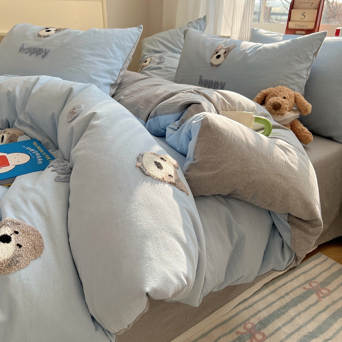 91家纺网 家纺一手货源 找家纺 慕尚家纺 2026春夏新款色织水洗棉毛巾绣四件套 泰迪狗 蓝