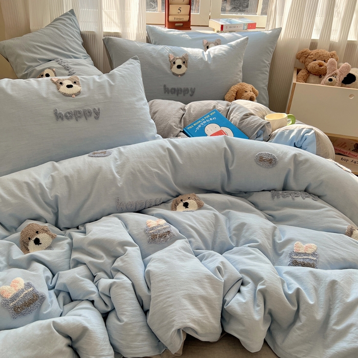 91家纺网 家纺一手货源 找家纺 慕尚家纺 2026春夏新款色织水洗棉毛巾绣四件套 泰迪狗 蓝