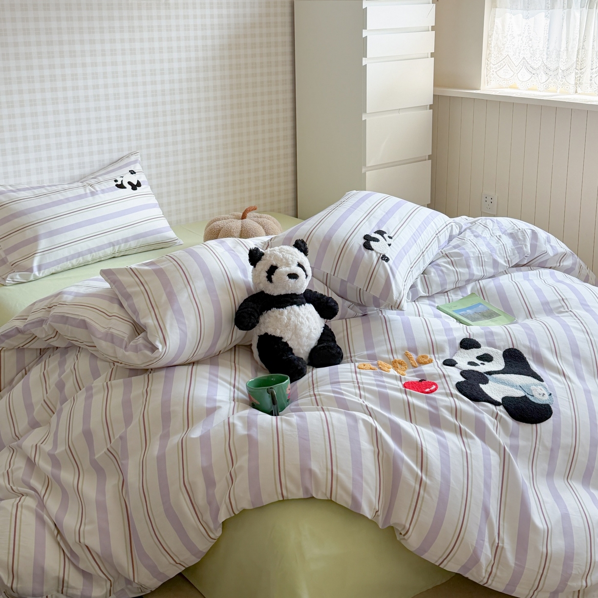 91家纺网 家纺一手货源 找家纺 觅糖家纺 2026春夏新款全棉纯棉卡通毛巾绣系列四件套 可爱熊猫