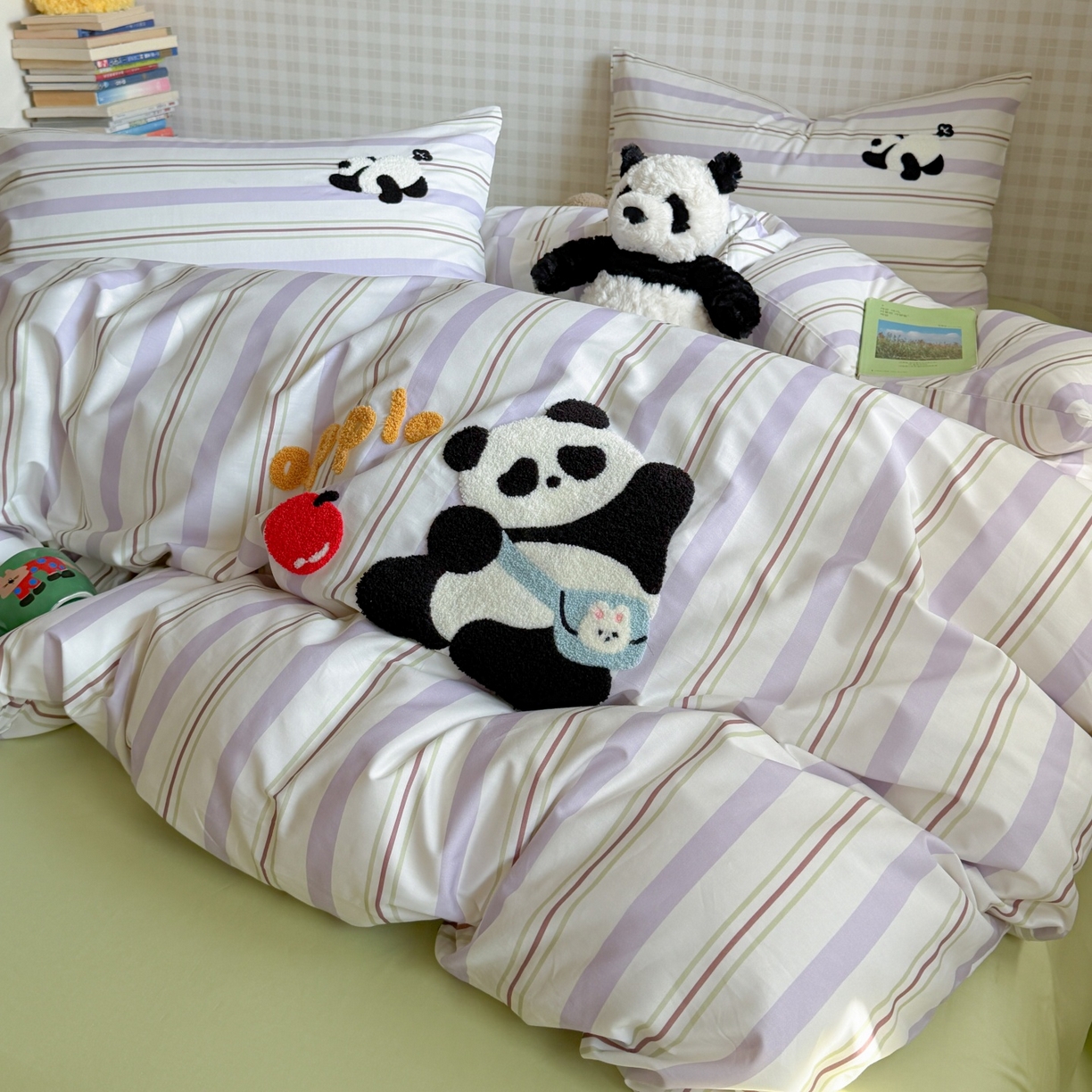 91家纺网 家纺一手货源 找家纺 觅糖家纺 2026春夏新款全棉纯棉卡通毛巾绣系列四件套 可爱熊猫