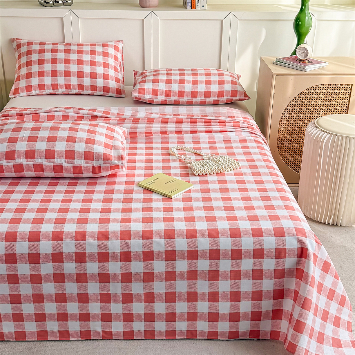 91家纺网 家纺一手货源 找家纺 晨晨家纺 2026新款原棉老粗布床单席子凉席三件套 千鸟粉