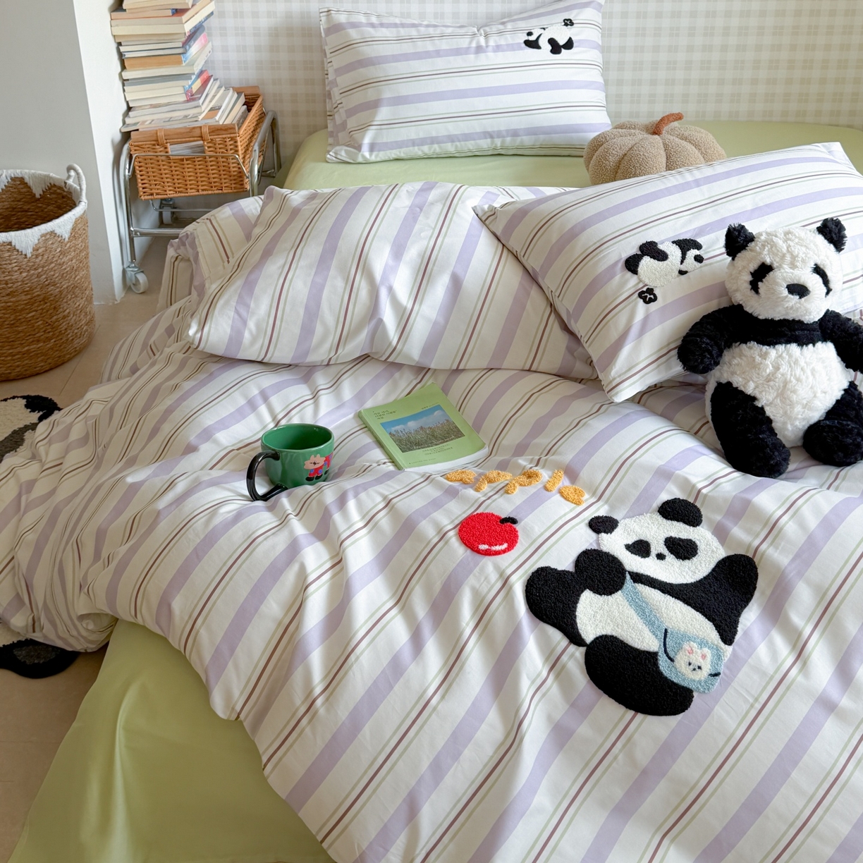 91家纺网 家纺一手货源 找家纺 觅糖家纺 2026春夏新款全棉纯棉卡通毛巾绣系列四件套 可爱熊猫