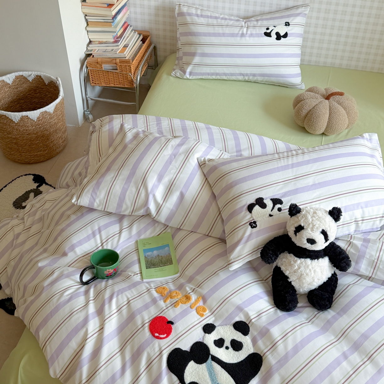 91家纺网 家纺一手货源 找家纺 觅糖家纺 2026春夏新款全棉纯棉卡通毛巾绣系列四件套 可爱熊猫