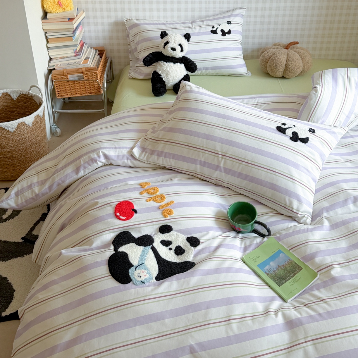 91家纺网 家纺一手货源 找家纺 觅糖家纺 2026春夏新款全棉纯棉卡通毛巾绣系列四件套 可爱熊猫