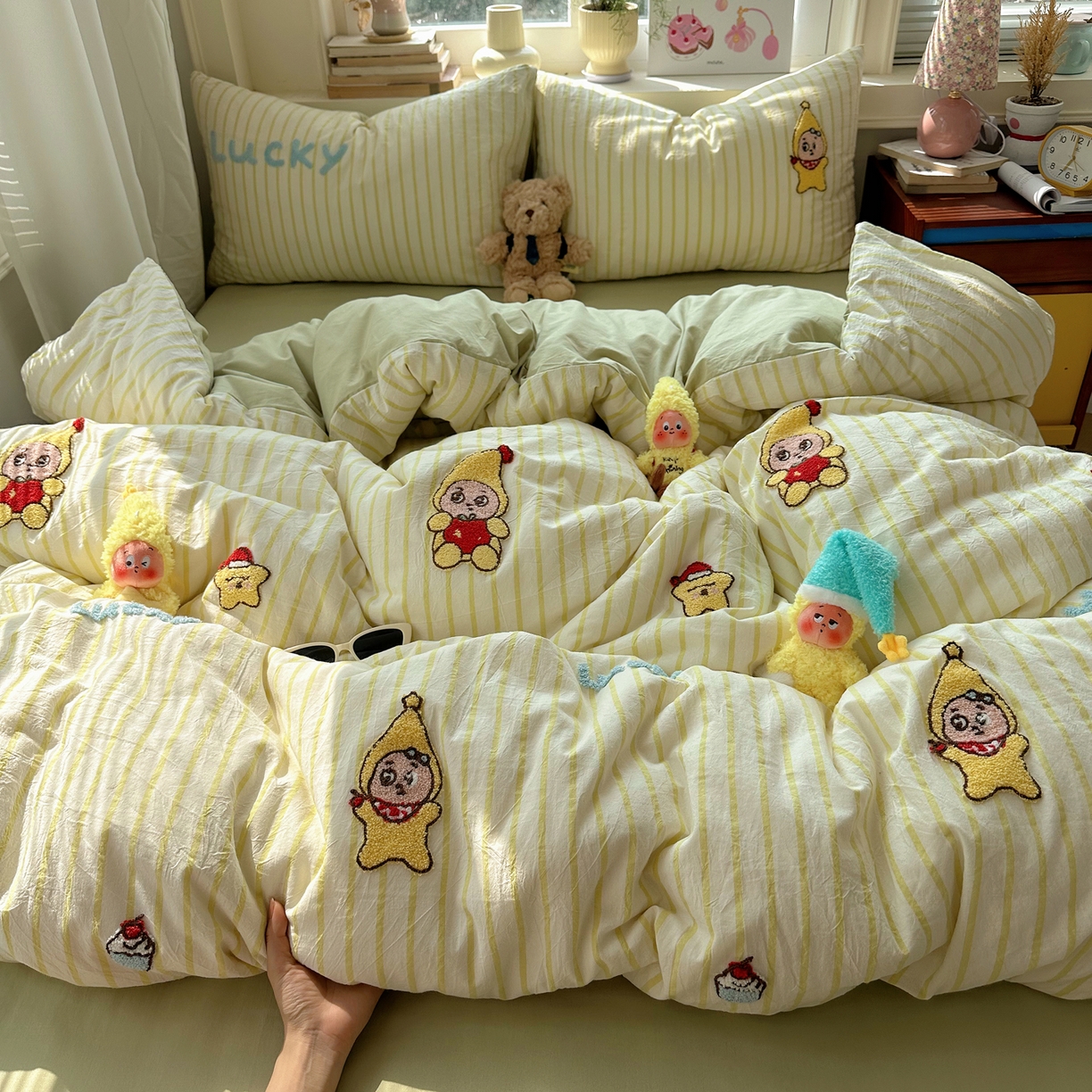 慕尚家纺 2026春夏新款色织水洗棉毛巾绣四件套 小星人