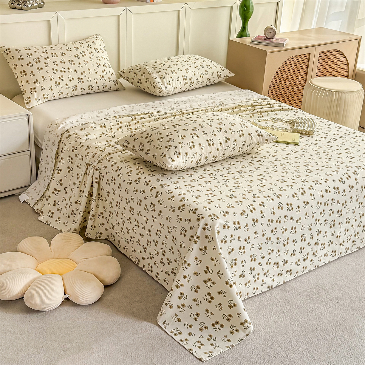 91家纺网 家纺一手货源 找家纺 晨晨家纺 2026新款原棉老粗布床单席子凉席三件套 小雏菊