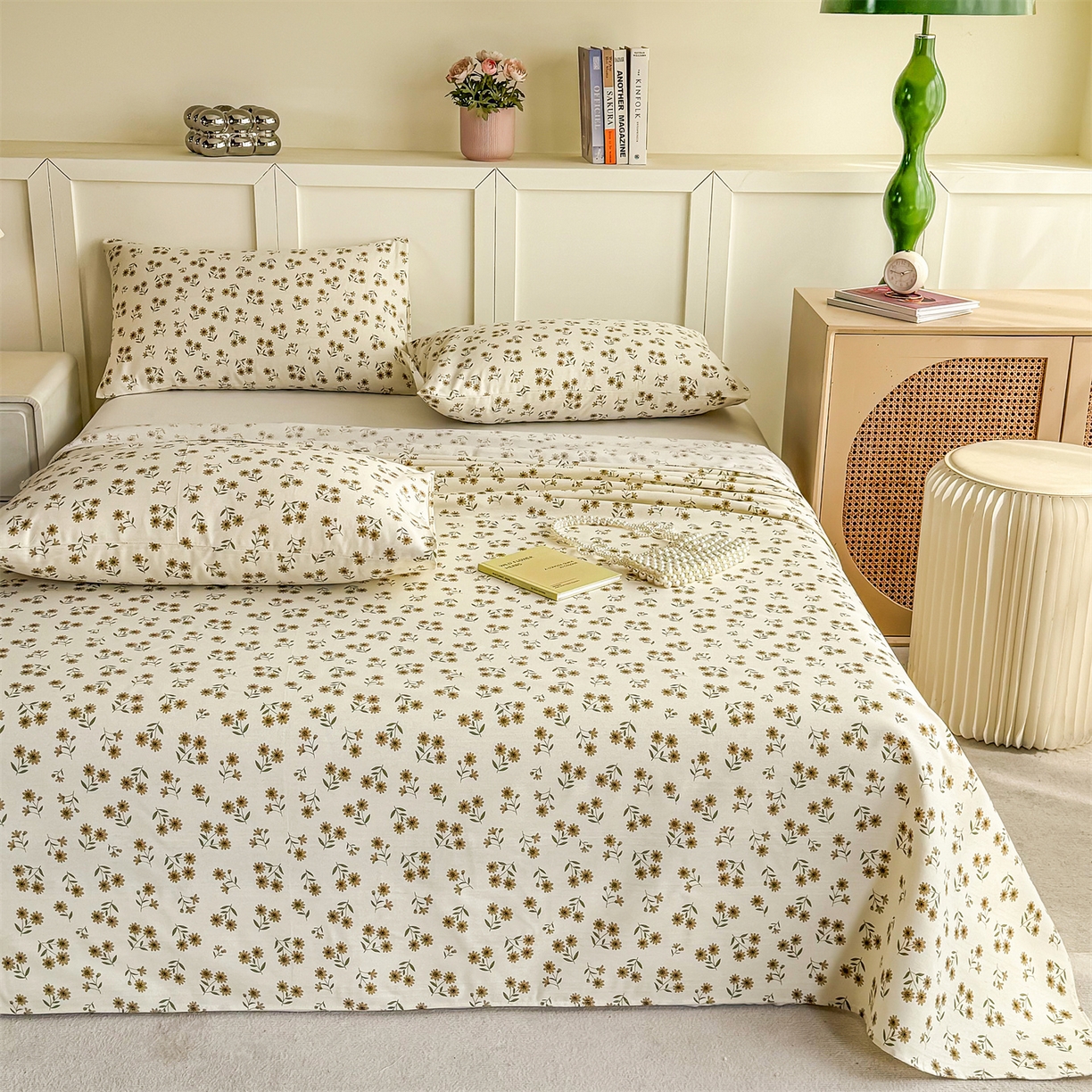 91家纺网 家纺一手货源 找家纺 晨晨家纺 2026新款原棉老粗布床单席子凉席三件套 小雏菊