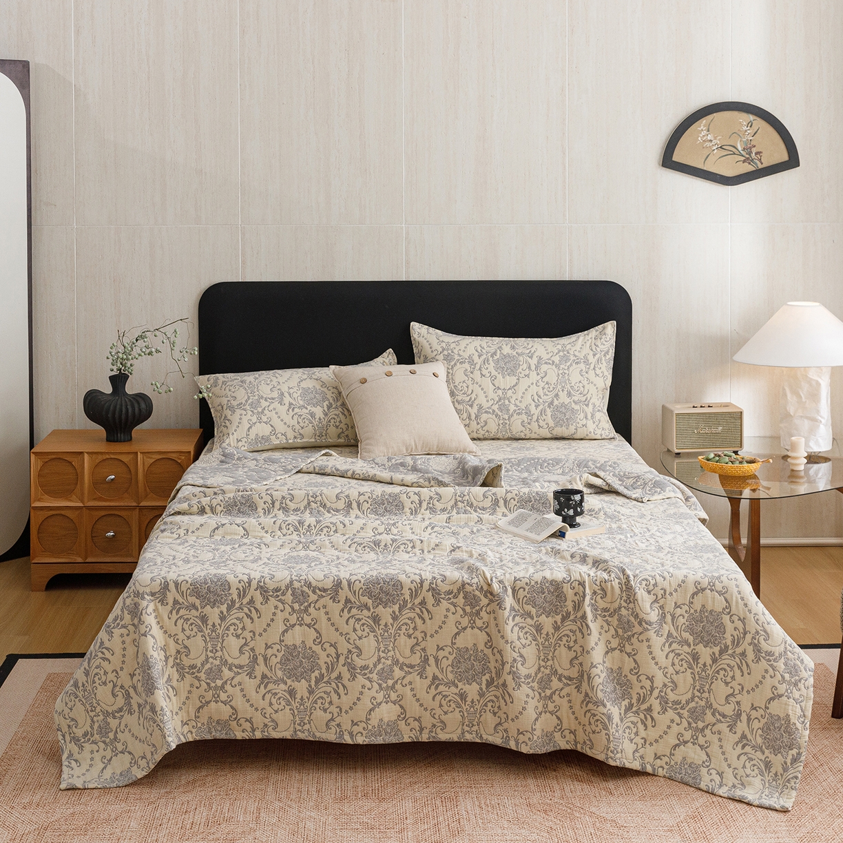 91家纺网 家纺一手货源 找家纺 悦然毛巾被 2026新款全棉三层纱加厚夏被四件套毛巾床笠盖毯毛毯枕套夏凉被空调被 欧韵米白