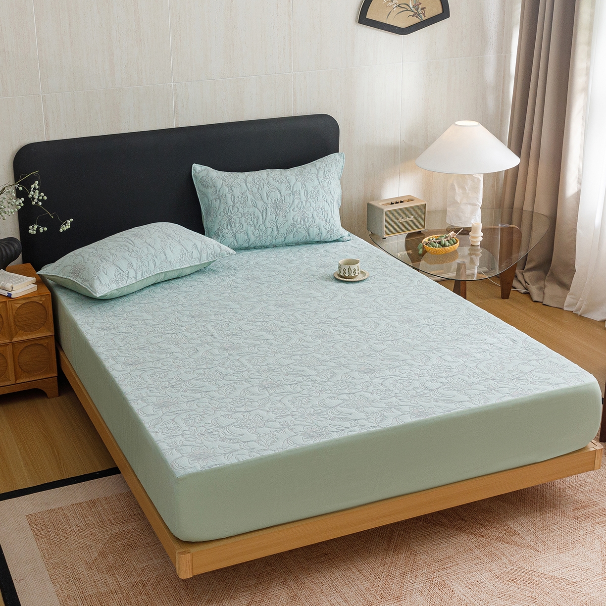 91家纺网 家纺一手货源 找家纺 悦然毛巾被 2026新款全棉三层纱加厚夏被四件套毛巾床笠盖毯毛毯枕套夏凉被空调被 花织流年蓝