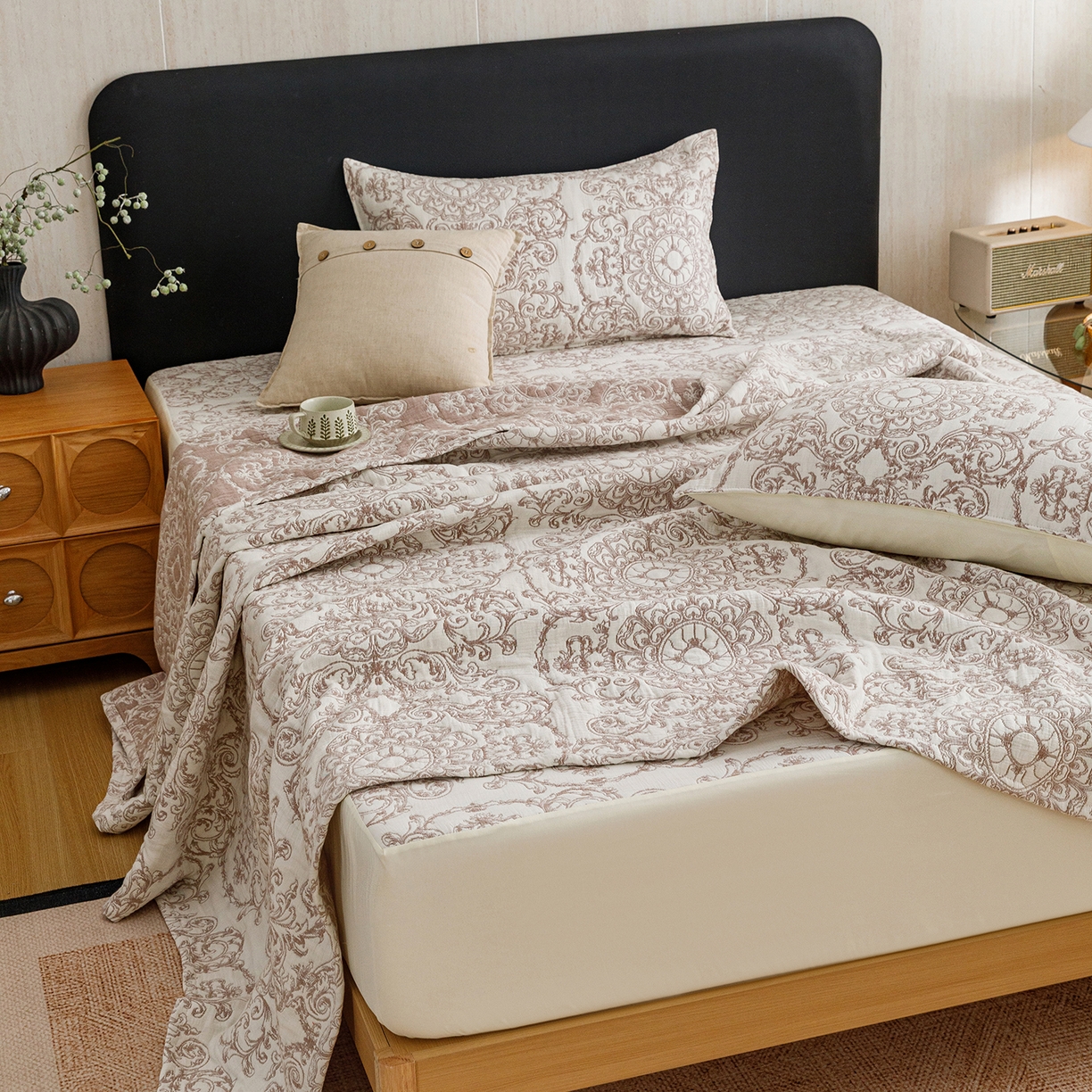 91家纺网 家纺一手货源 找家纺 悦然毛巾被 2026新款全棉三层纱加厚夏被四件套毛巾床笠盖毯毛毯枕套夏凉被空调被 棕织