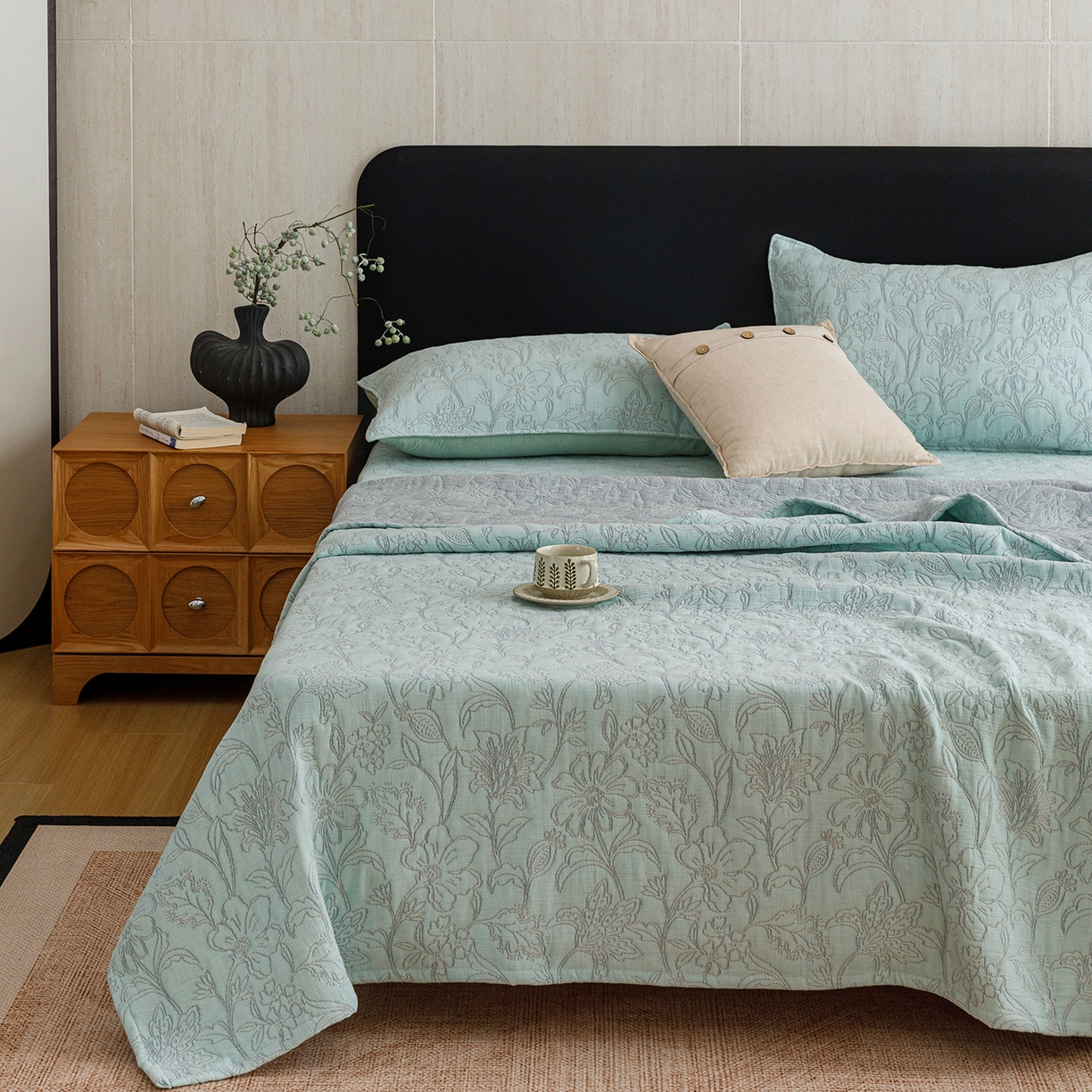 91家纺网 家纺一手货源 找家纺 悦然毛巾被 2026新款全棉三层纱加厚夏被四件套毛巾床笠盖毯毛毯枕套夏凉被空调被 花织流年蓝