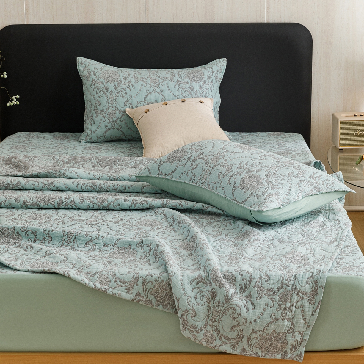 91家纺网 家纺一手货源 找家纺 悦然毛巾被 2026新款全棉三层纱加厚夏被四件套毛巾床笠盖毯毛毯枕套夏凉被空调被 清禾蓝