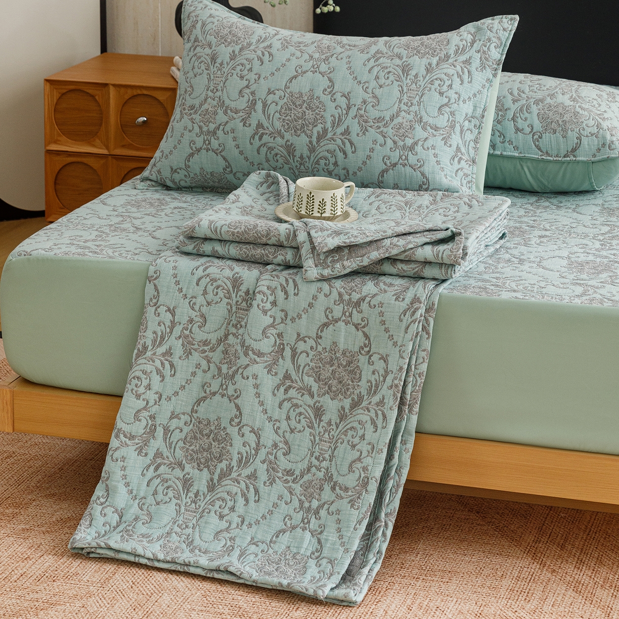 悦然毛巾被 2026新款全棉三层纱加厚夏被四件套毛巾床笠盖毯毛毯枕套夏凉被空调被 清禾蓝